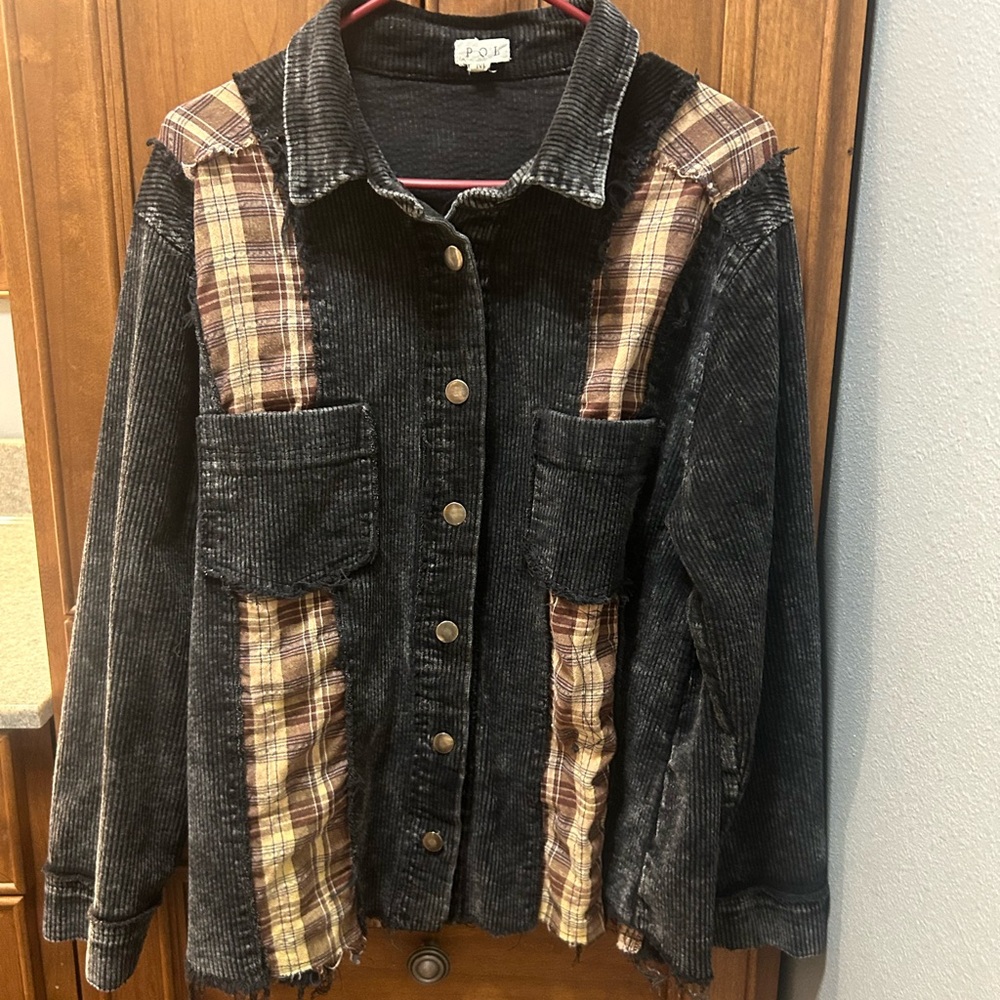 POL Corduroy & Brown Plaid Patchwork Shacket